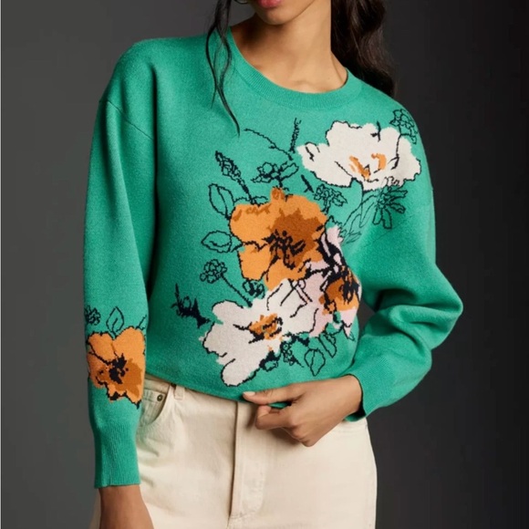 Maeve Sweaters - Anthropologie Maeve The Sonal Nathwani Camryn Cropped Crewneck Sweater Green